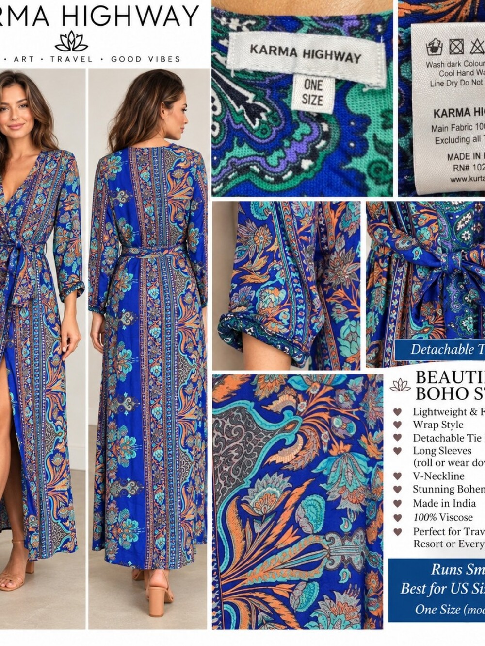 Karma Highway One Size Blue Paisley Boho Maxi Wrap Dress Kimono Viscose Belted